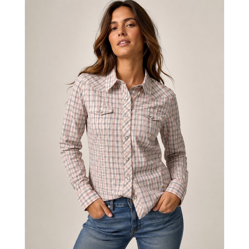 Carhartt Womens Western Pearl Snap Plaid Floral Shirt Pink Medium